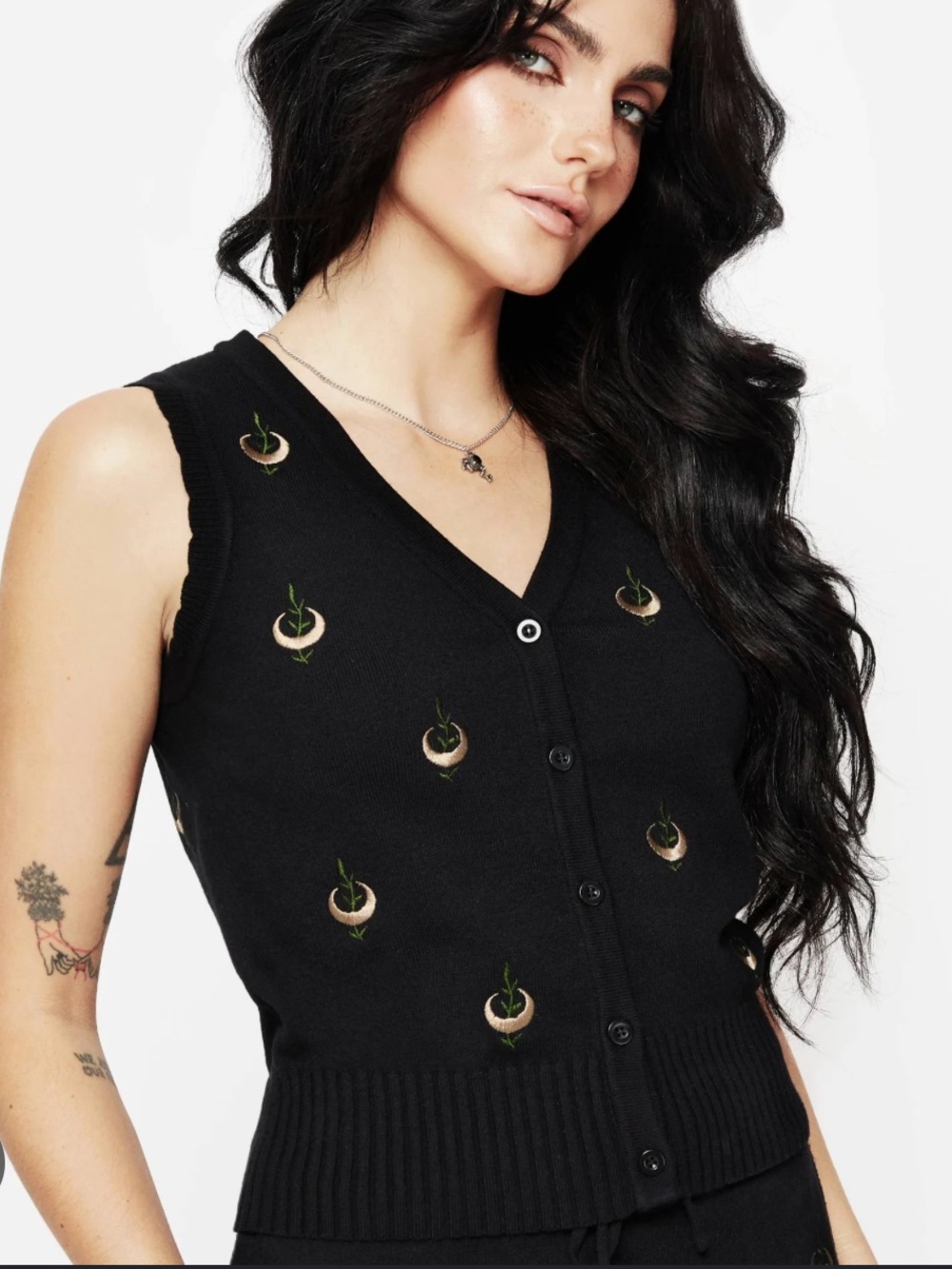 Disturbia Black V-Neck Sleeveless Knit Vest with Crescent & Green Embroidery